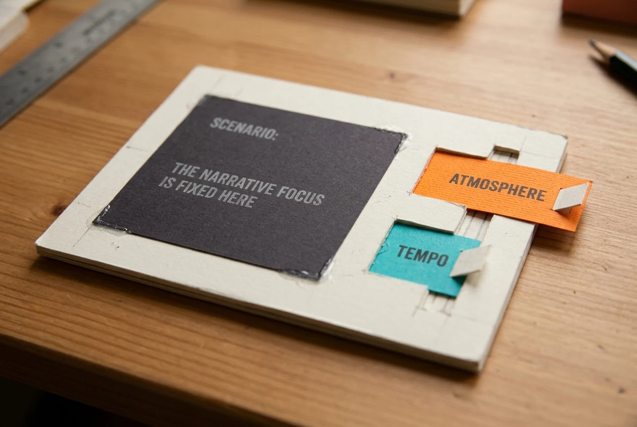 A hand-built paper prompt card cut into pieces: a solid dark block of locked words glued in place, with two removable tabs in bright orange and teal sliding in and out of cut-out windows, on a clean wooden desk under warm light.