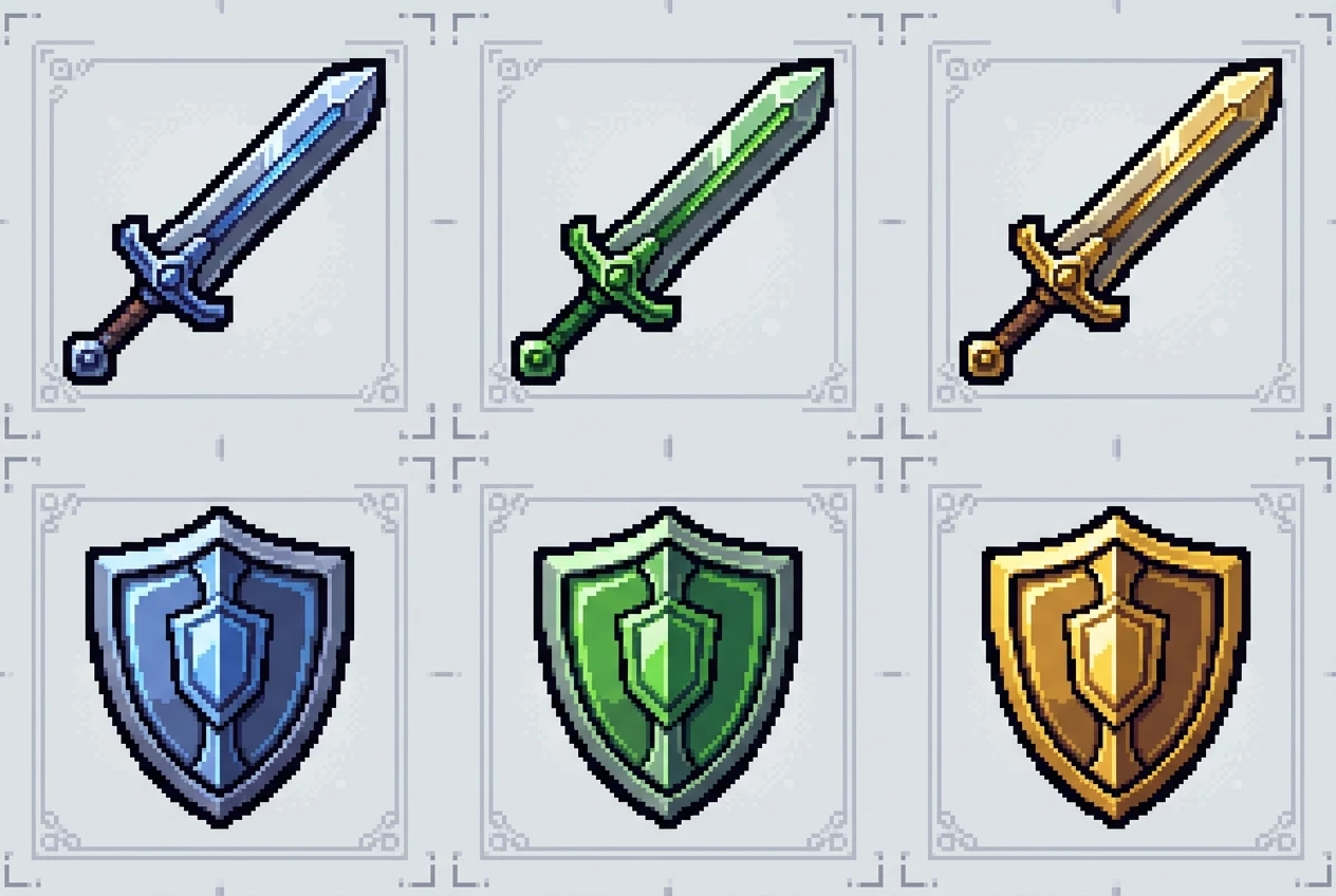 A tidy 2-by-3 grid of matching pixel art fantasy icons on a pale gray background: a sword and a shield each shown with blue, green and gold highlights, sharing the same thick dark outline and top-left lighting.