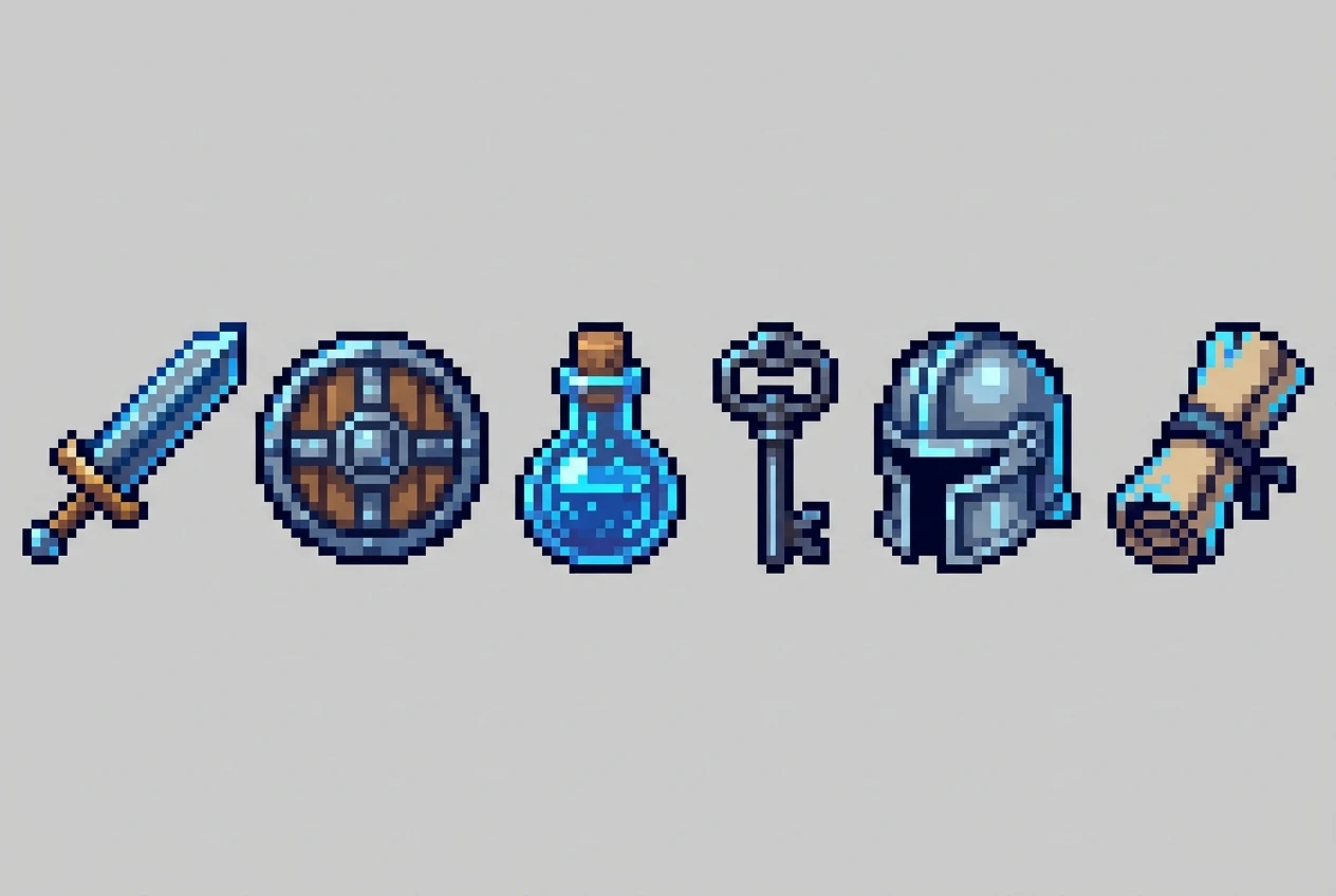 Six 16-bit pixel art game item icons in a row: a short sword, a round shield, a potion bottle, an iron key, a knight helmet and a rolled scroll. Each has blue highlights, a thick dark outline and three-tone shading, and sits on a plain flat pale gray background.