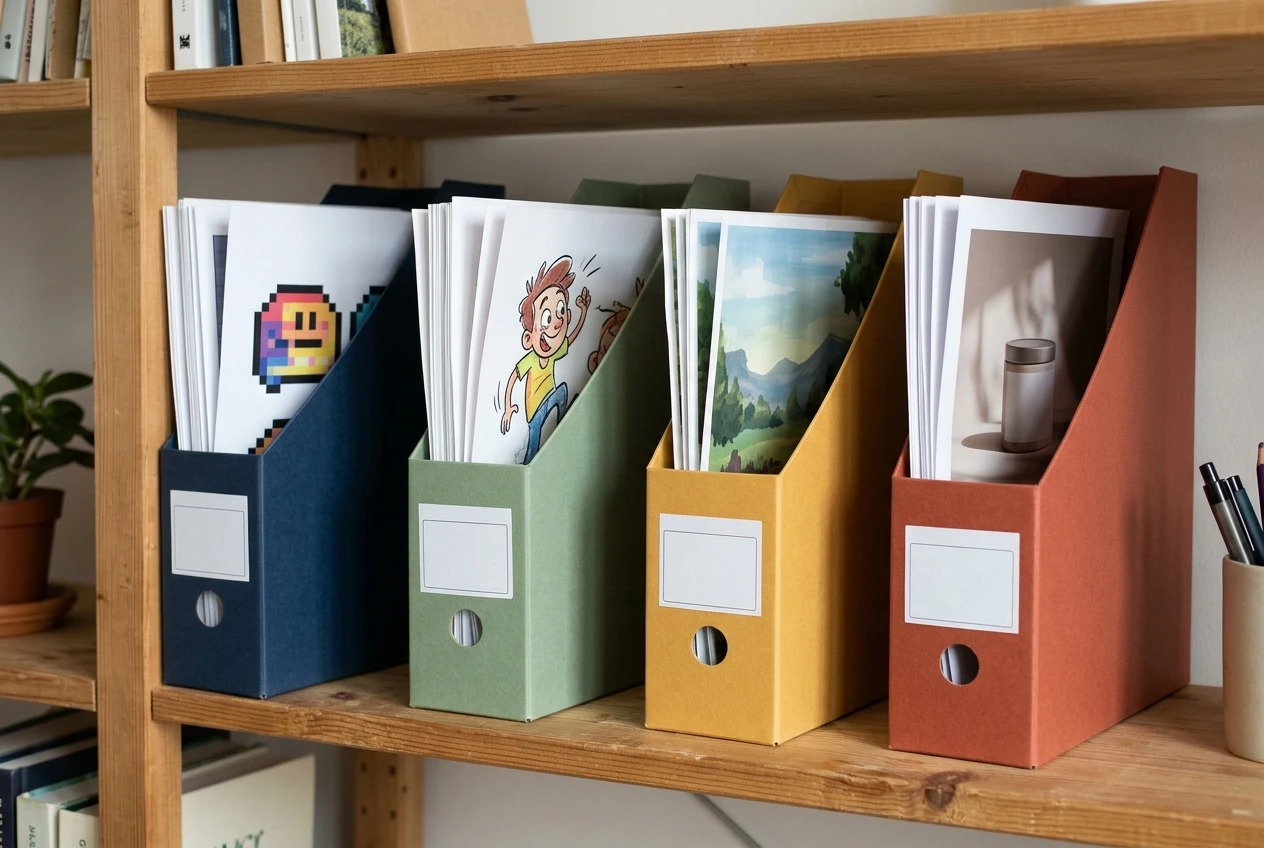 A shelf of four labeled-looking box files in different colors, each holding a sample of a different asset style peeking out: a pixel icon, a cartoon character, a landscape background and a product mockup on a surface. Bright, organized studio with soft window light.